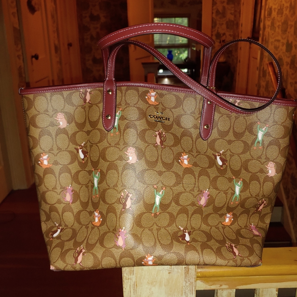 Coach Handbag Leather And Canvas Animal Print